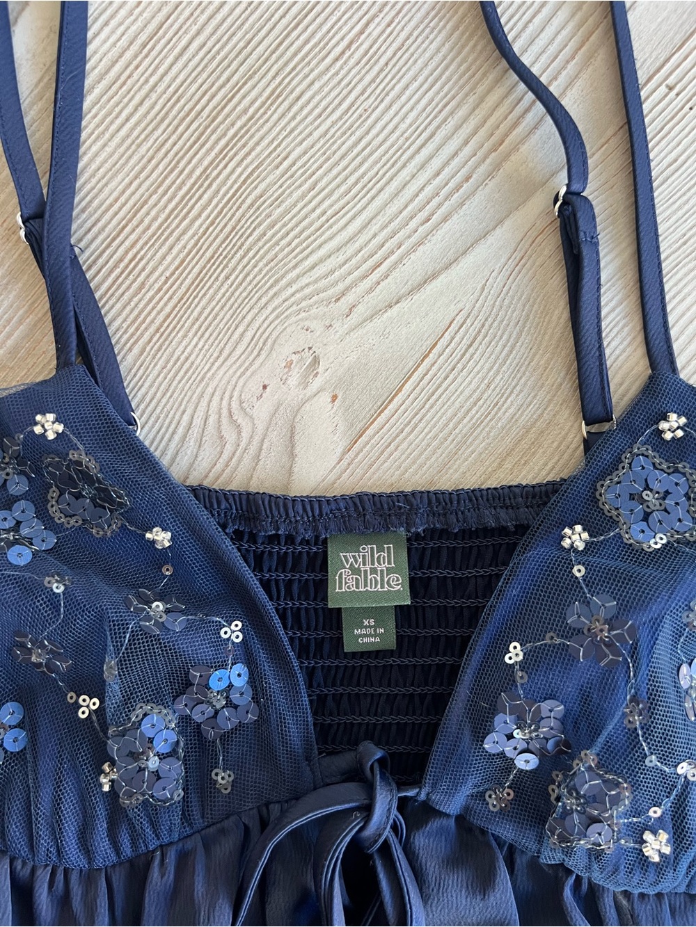 Navy Embroidered Satin Chemise with Adjustable Spaghetti Straps - Picture 8 of 9